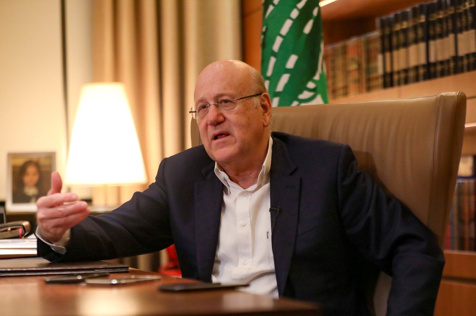 Lebanese Prime Minister Najib Mikati speaks during an interview with Reuters at the government palace in Beirut, Lebanon, Oct. 14, 2021. (Reuters Photo)