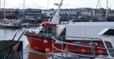 A French trawler arrives in the port of Boulogne-sur-Mer, northern France, Nov. 2, 2021. (AP Photo)