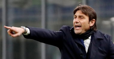 Then-Inter Milan coach Antonio Conte reacts during a Serie A match against Lazio at San Siro, Milan, Italy, Feb. 14, 2021. (Reuters Photo)