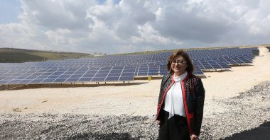 Gaziantep Mayor Fatma Şahin poses in front of a solar power plant in Gaziantep, southeastern Turkey, Nov. 2, 2021. (IHA Photo)
