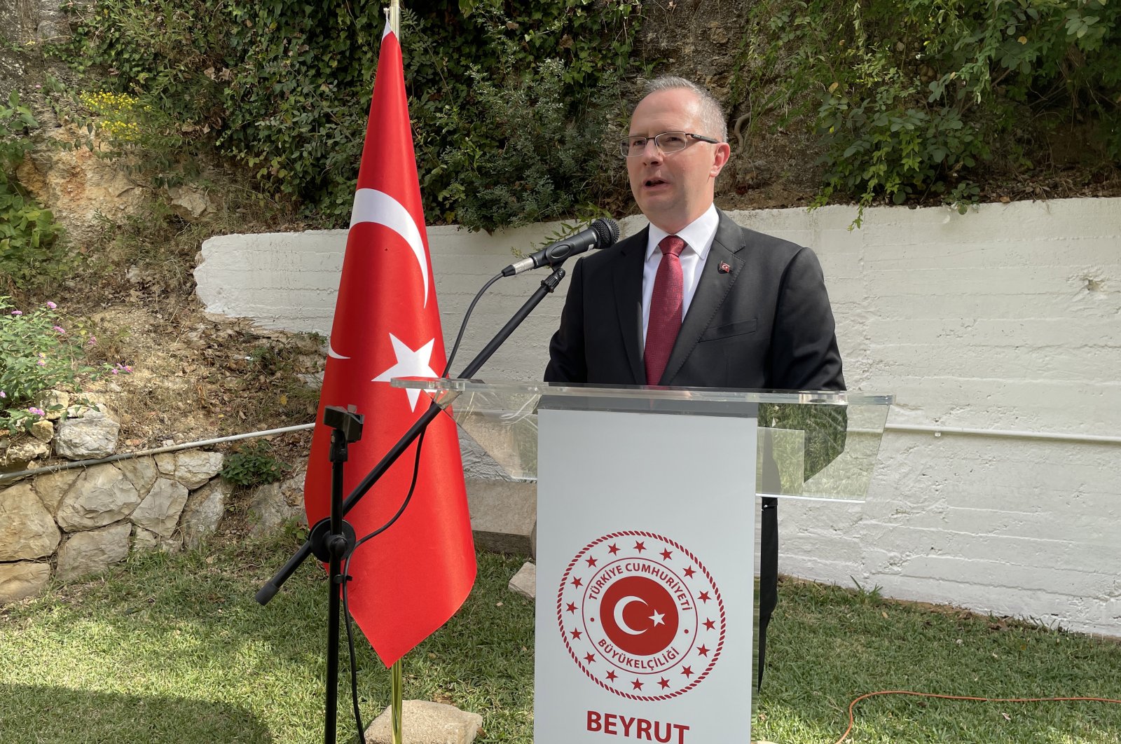 Turkey's envoy to Lebanon Ali Barış Ulusoy speaking at a reception on the 98th anniversary of the establishment of the Turkish Republic, on Oct. 29, 2021 (AA Photo)