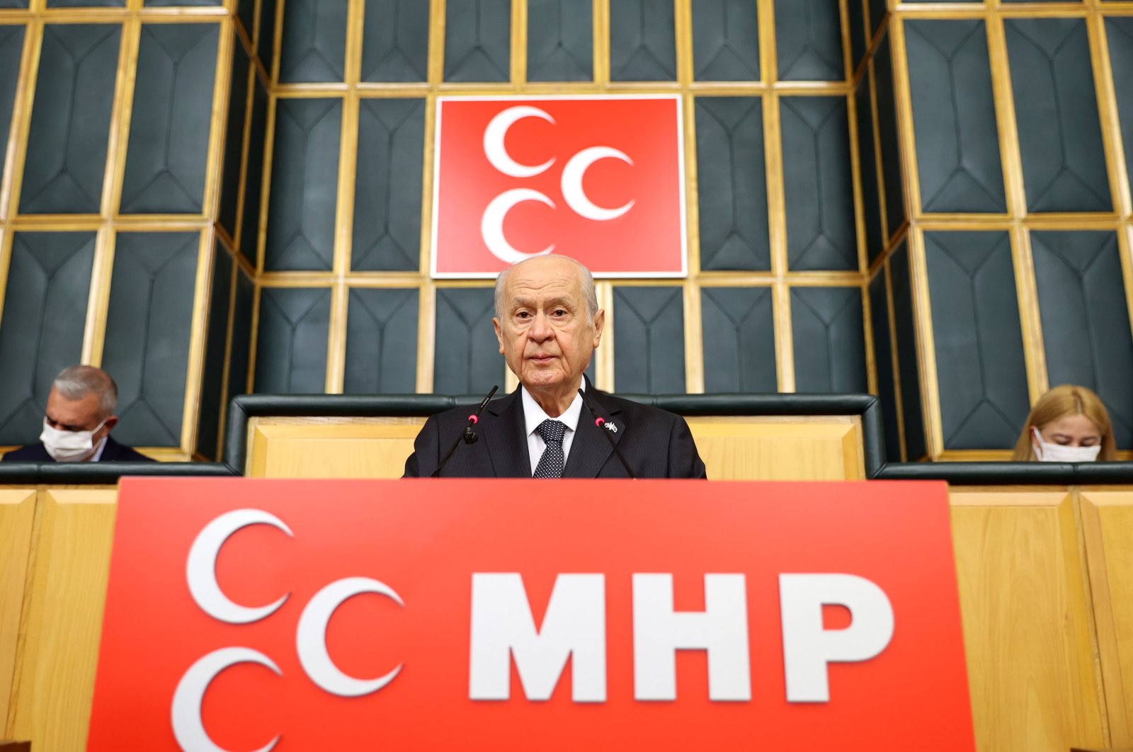 MHP leader Devlet Bahçeli speaks at a parliamentary group meeting in the capital Ankara, Turkey, Nov. 2, 2021. (AA Photo)