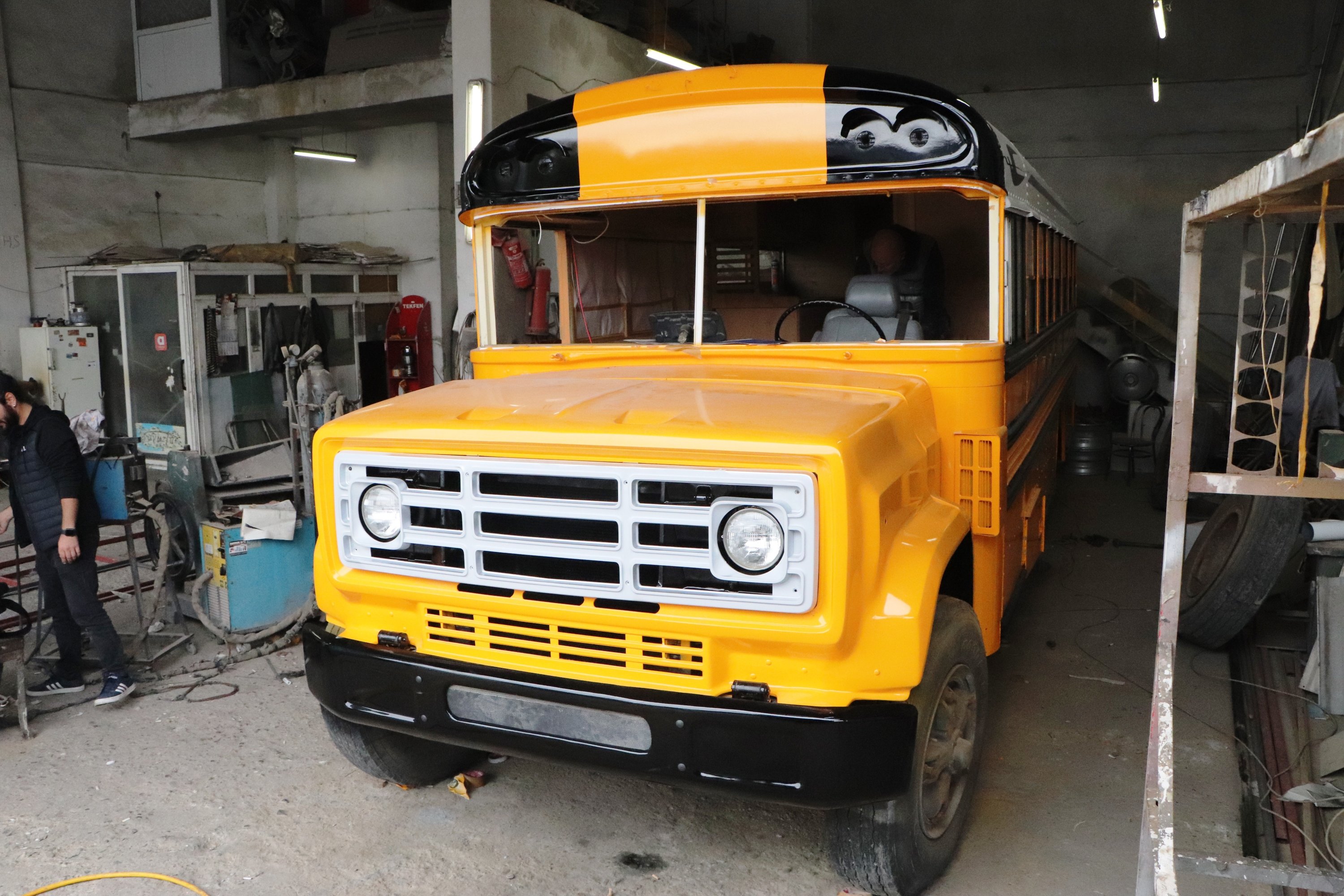 Kadir Mert's refurbished U.S.-style school bus in the workshop, Samsun, northwestern Turkey, Nov. 11, 2021. (IHA Photo)