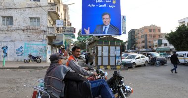 A portrait of Lebanese Information Minister George Kordahi is displayed on a billboard in Sanaa, Yemen, Oct. 31, 2021. (AFP Photo)