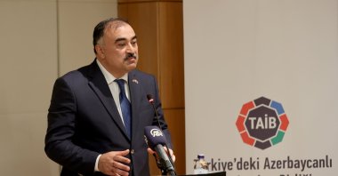 Baku’s Ambassador to Turkey Rashad Mammadov speaks at an event organized by the Istanbul-based Azerbaijani Business Association (TAIB), Turkey, Nov. 2, 2021. (AA Photo)