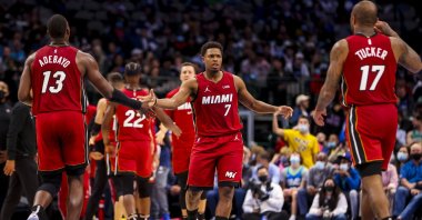 Miami Heat guard Kyle Lowry (C) celebrates with center Bam Adebayo (L) and forward P.J. Tucker during an NBA game against Dallas Mavericks at American Airlines Center, Dallas, Texas, U.S., Nov 2, 2021. (Reuters Photo)
