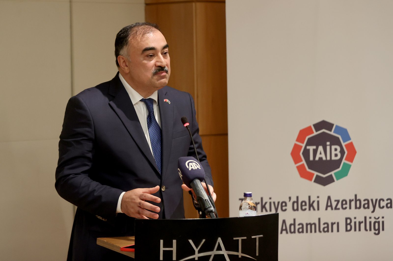 Baku’s Ambassador to Turkey Rashad Mammadov speaks at an event organized by the Istanbul-based Azerbaijani Business Association (TAIB), Turkey, Nov. 2, 2021. (AA Photo)