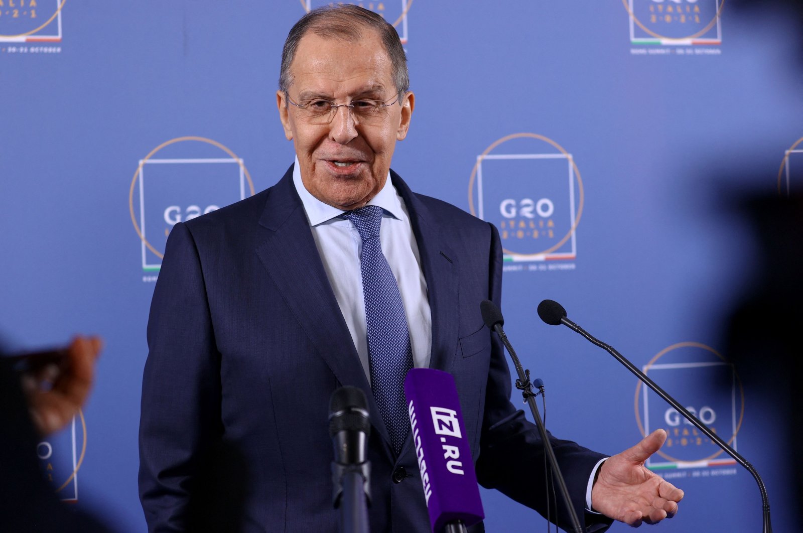 Russian Foreign Minister Sergey Lavrov speaks with the media during the G-20 summit in Rome, Italy, Oct. 31, 2021. (AFP Photo)