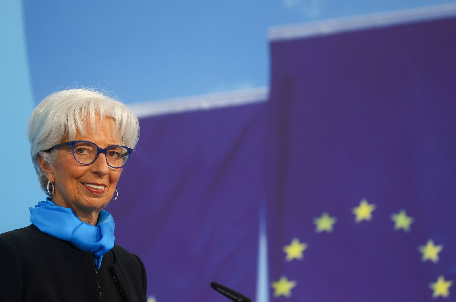 President of the European Central Bank (ECB) Christine Lagarde reacts as she takes part in a news conference on the outcome of the governing council meeting, in Frankfurt, Germany, Oct. 28, 2021. (Reuters Photo)