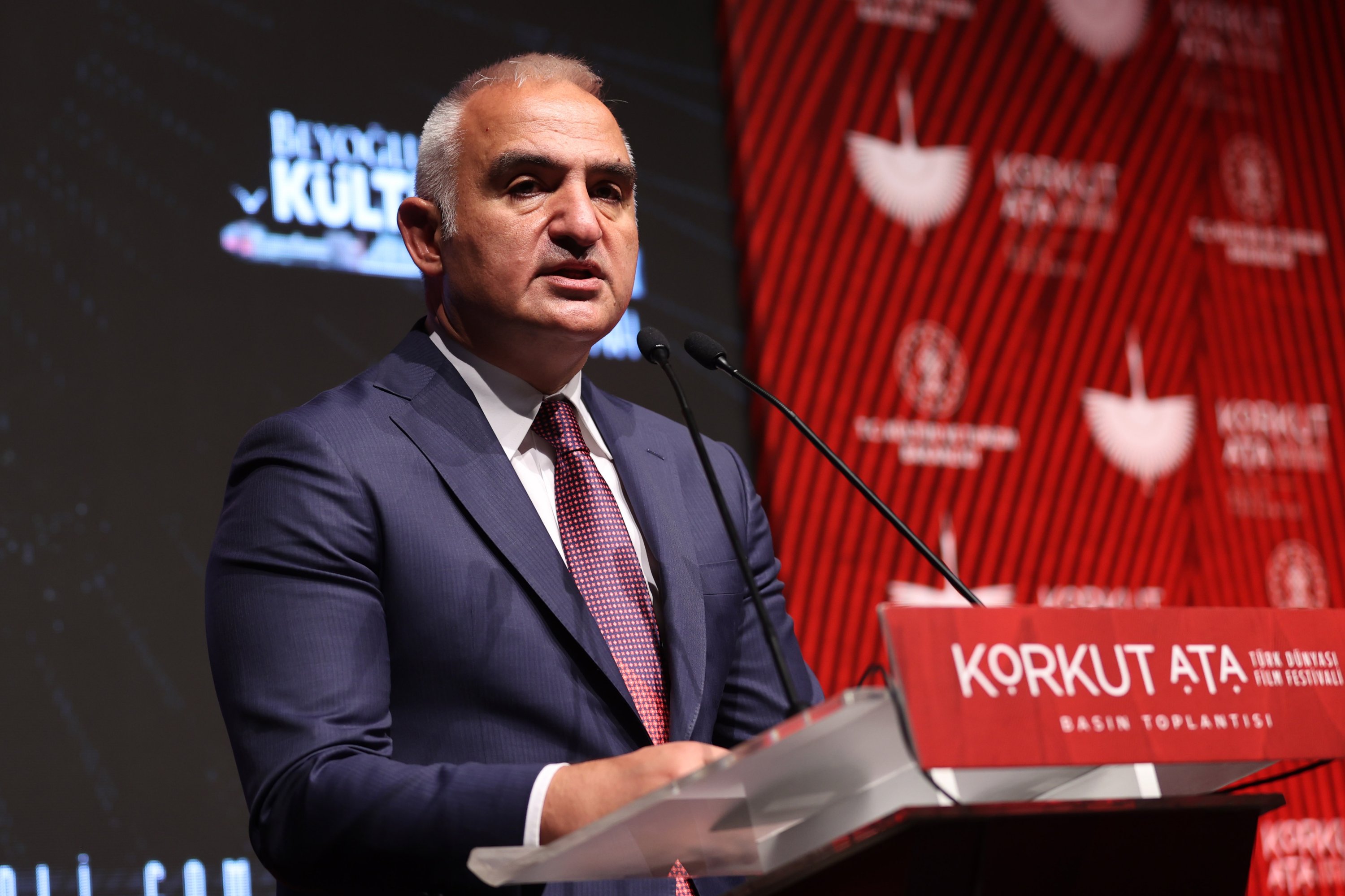 Minister of Culture and Tourism Mehmet Nuri Ersoy speaks at the meeting of the festival at Atlas Cinema, Istanbul, Turkey, Nov. 3, 2021. (AA Photo)