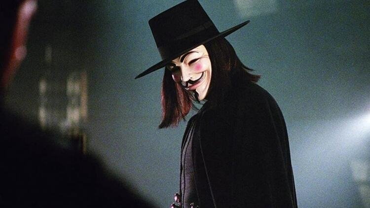 A still shot shows the hero simply known as V in 'V for Vendetta'.