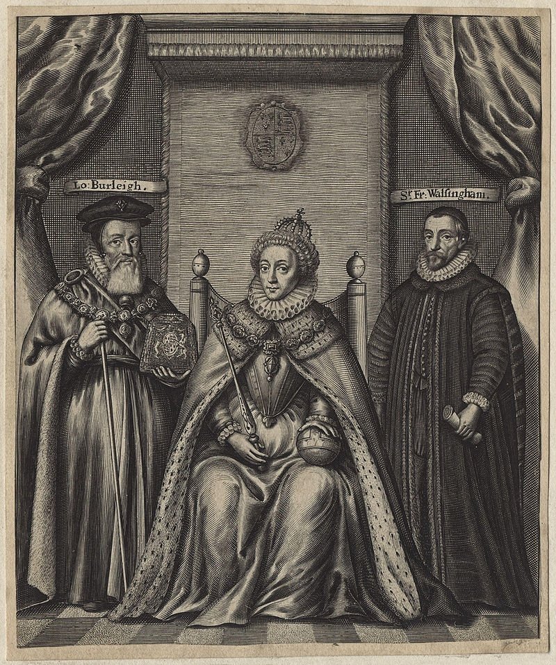 Ukiran Ratu Elizabeth I, William Cecil dan Sir Francis Walsingham, oleh William Faithorne, 1655