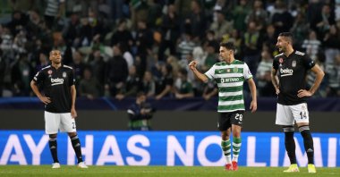 Sporting's Pedro Goncalves (C) celebrates after scoring in a Champions League match against Beşiktaş at the Alvalade stadium in Lisbon, Portugal, Nov. 3, 2021. (AP Photo)