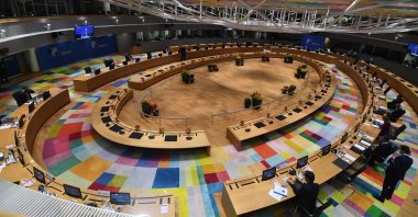 European Union leaders gather for a round table meeting at an EU summit in Brussels, Belgium, Oct. 21, 2021. (AP Photo)