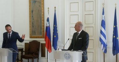 Greece's Foreign Minister Nikos Dendias (R) and Slovenian Foreign Minister Anze Logar (L) attend a press conference after their meeting in Athens, Greece, Nov. 3, 2021. (EPA Photo)