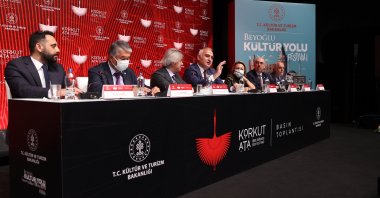 Minister of Culture and Tourism Mehmet Nuri Ersoy (C) speaks at the meeting of the festival at Atlas Cinema, Istanbul, Turkey, Nov. 3, 2021. (AA Photo)