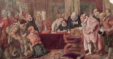 A painting by Sir John Gilbert shows Guy Fawkes arrested and brought before King James I for the Gunpowder Plot. (Getty Images)