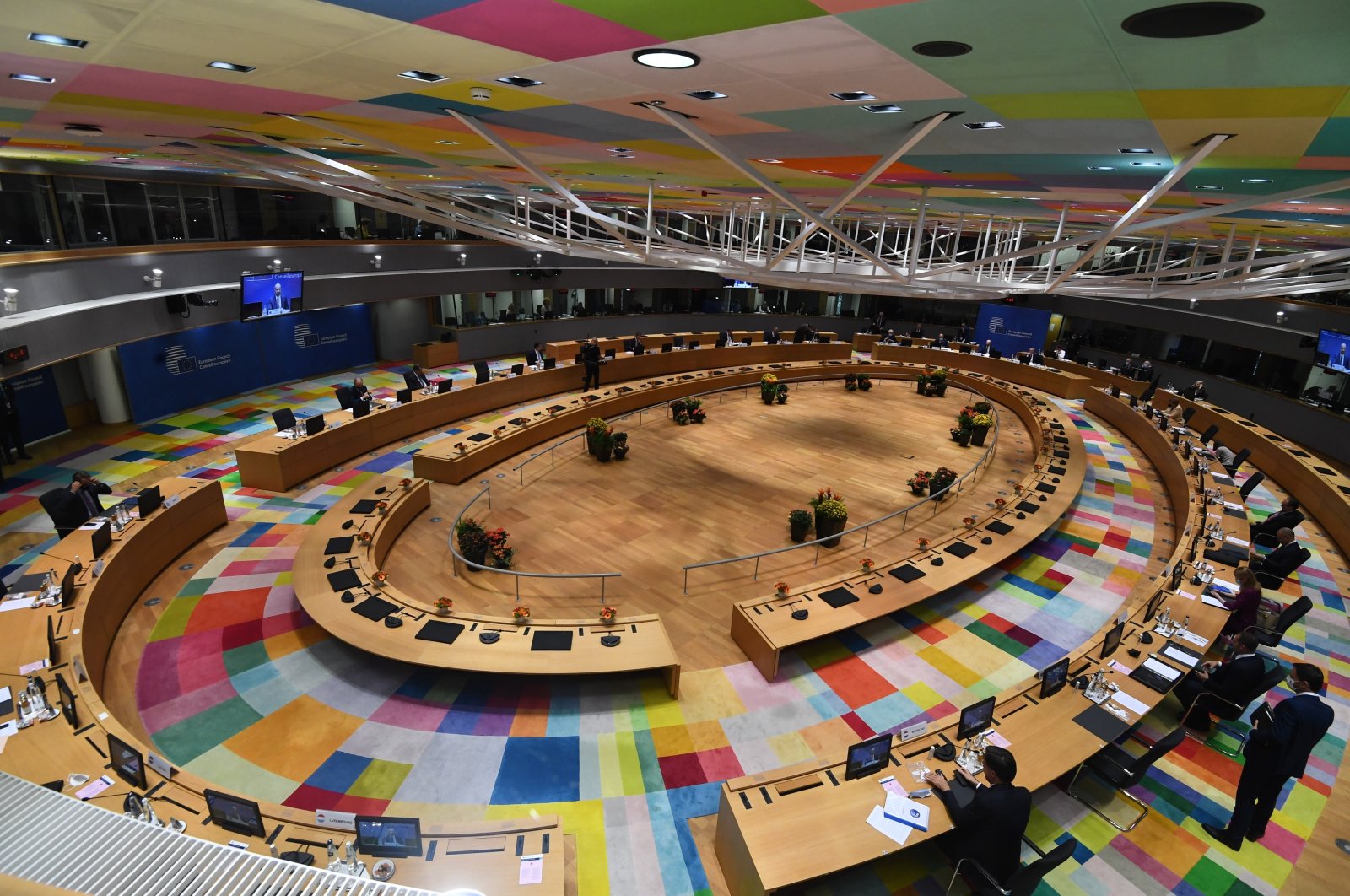 European Union leaders gather for a round table meeting at an EU summit in Brussels, Belgium, Oct. 21, 2021. (AP Photo)