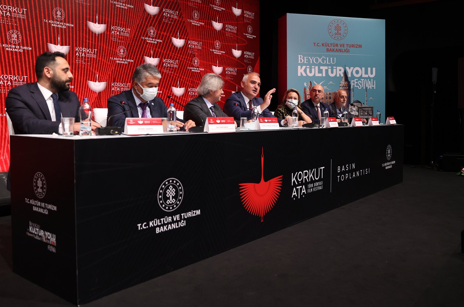 Minister of Culture and Tourism Mehmet Nuri Ersoy (C) speaks at the meeting of the festival at Atlas Cinema, Istanbul, Turkey, Nov. 3, 2021. (AA Photo)