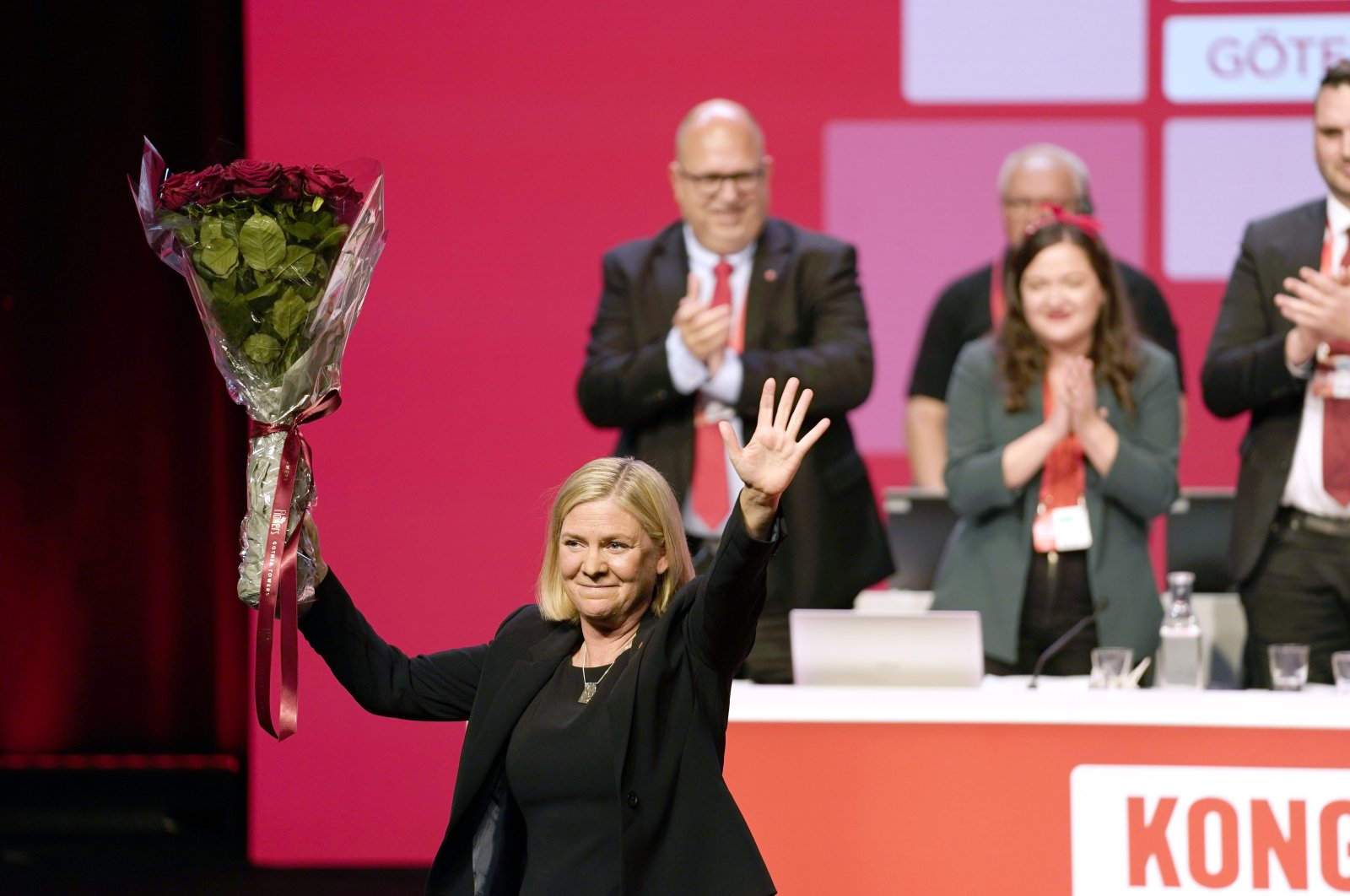 Sweden's Minister of Finance Magdalena Andersson gestures, after being elected to party chair of the Social Democratic Party at the Social Democratic Party congress in Gothenburg, Sweden, Thursday, Nov. 4, 2021. (AP Photo)