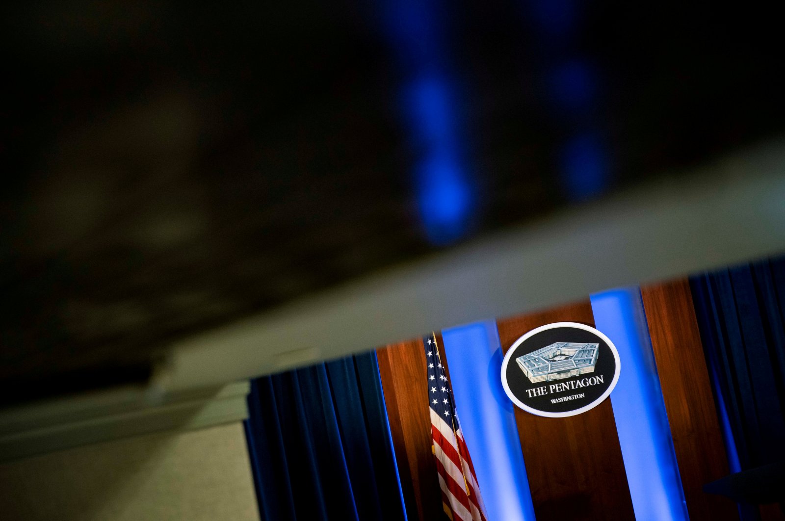 The Pentagon logo is seen behind the podium in the briefing room at the Pentagon in Arlington, Virginia, U.S., Jan. 8, 2020. (REUTERS Photo)