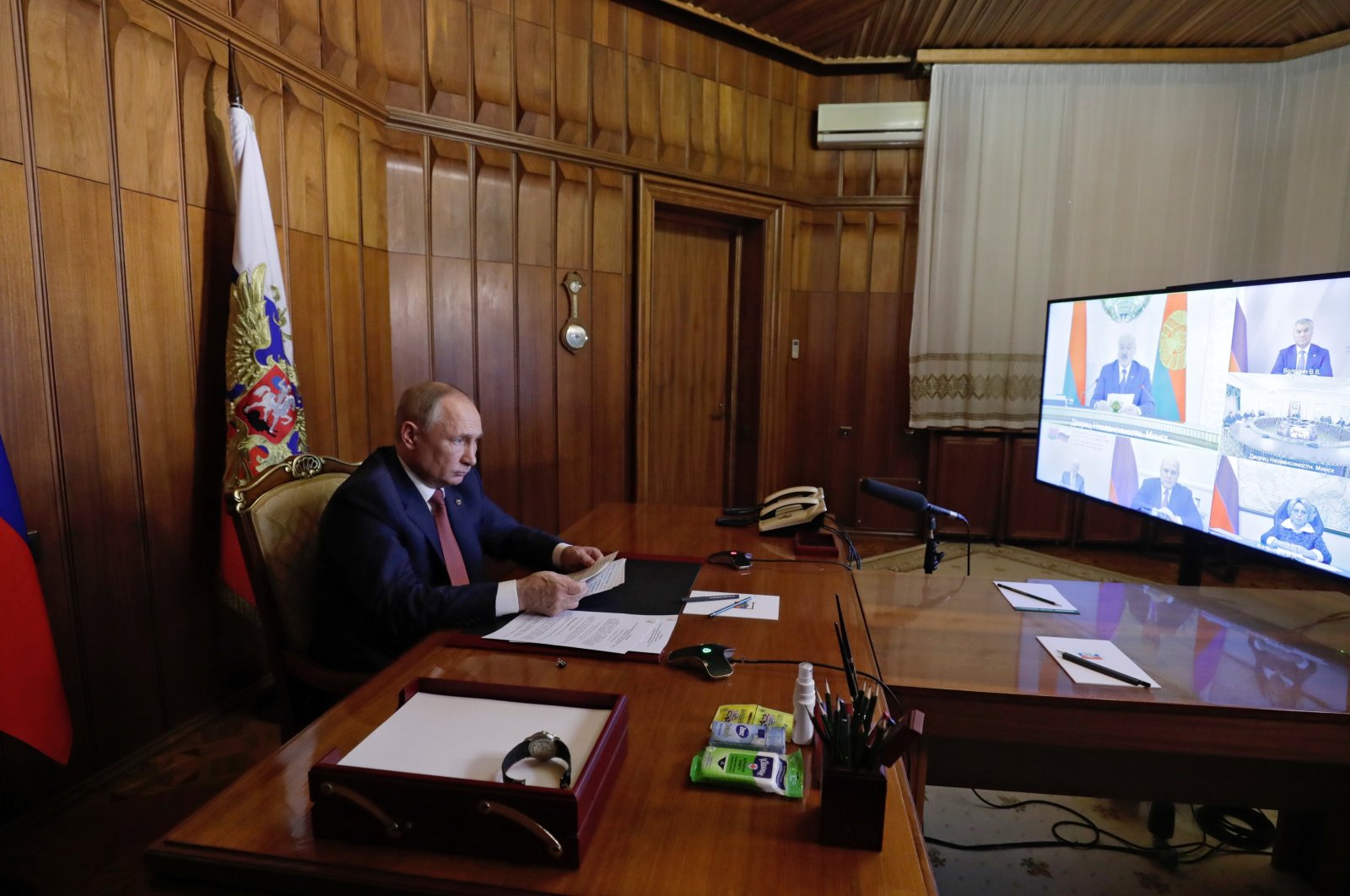Russian President Vladimir Putin attends a meeting of the Supreme State Council of the Russia-Belarus union state via videoconference from Sevastopol, Crimea, Thursday, Nov. 4, 2021. (Kremlin Pool Photo via AP)