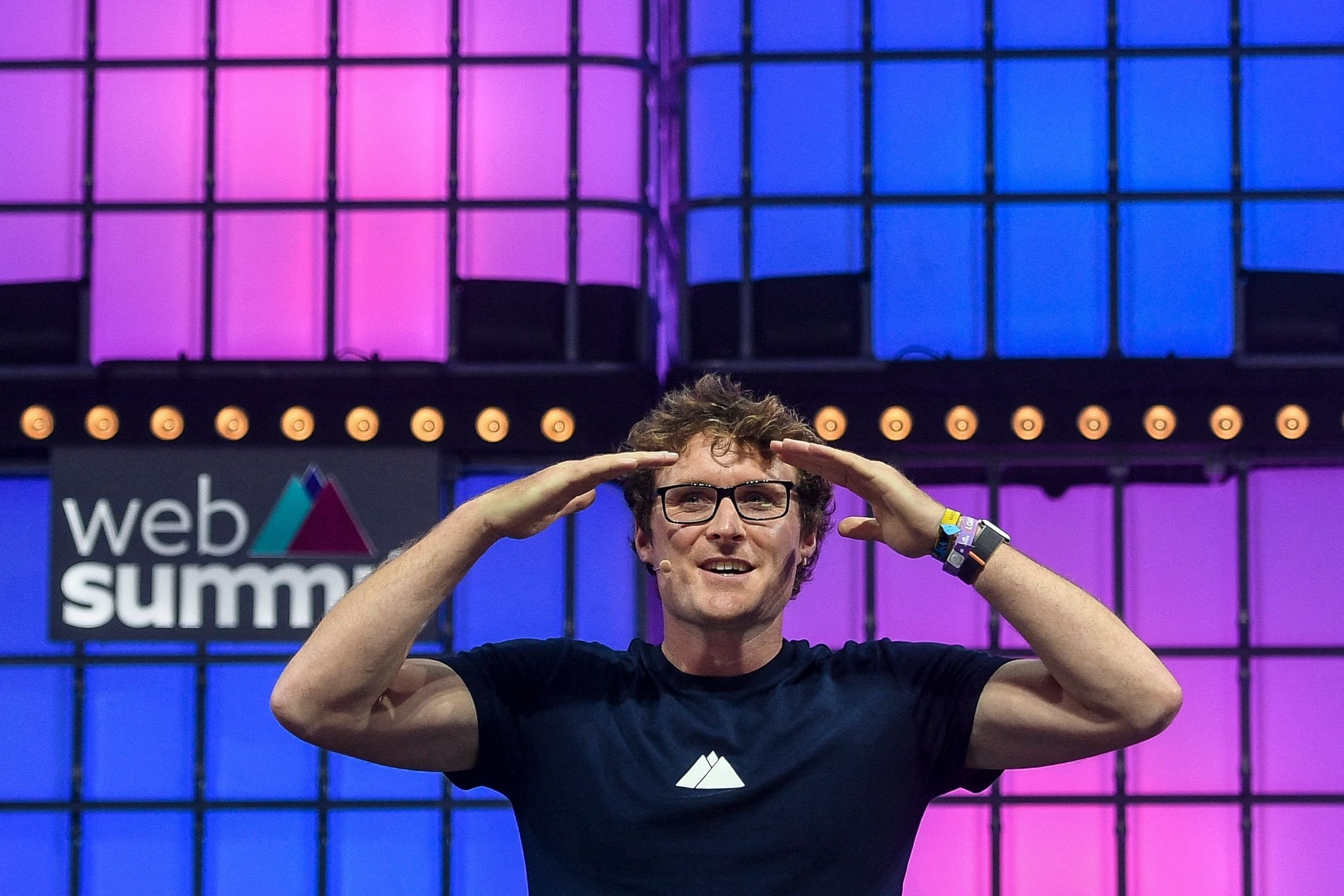 Web Summit founder and CEO Paddy Cosgrave delivers a speech on the opening day of the Web Summit in Lisbon, Portugal, Nov. 1, 2021. (AFP Photo)