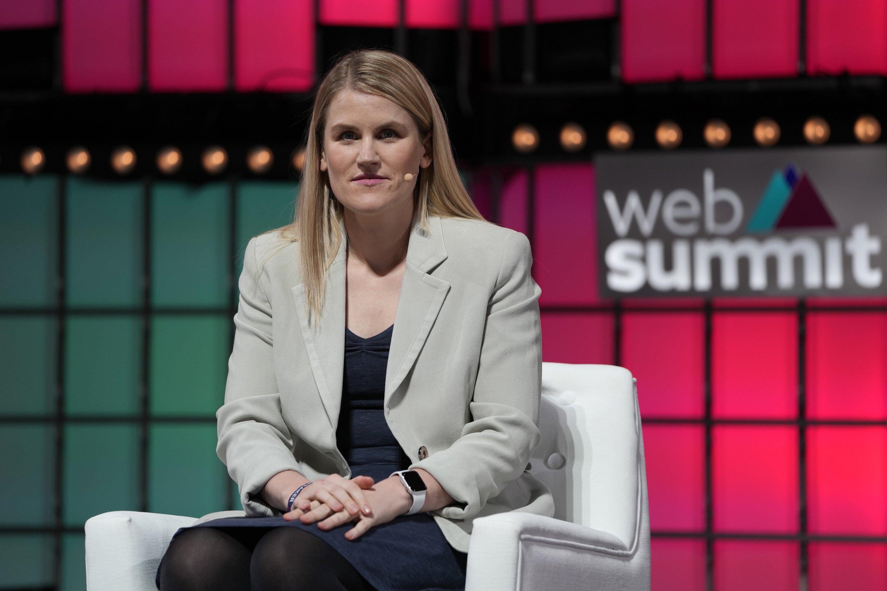 Facebook whistleblower Frances Haugen sits for an interview at center stage during the opening of the Web Summit technology conference in Lisbon, Portugal, Nov. 1, 2021. (AP Photo)