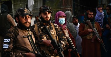 Taliban fighters stand guard near the military hospital in Kabul, Afghanistan, Nov. 2, 2021. (AFP Photo )