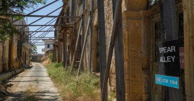 Dilapidated buildings inside the buffer zone that separates the both communities in the divided capital Lefkoşa (Nicosia), Cyprus, April 26, 2021 (AFP Photo)