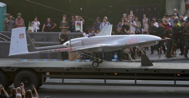 A Turkish-made Bayraktar TB2 drone is seen during a rehearsal of a military parade marking Independence Day in Kyiv, Ukraine, Aug. 20, 2021. (AP Photo)
