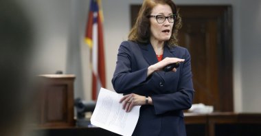 Prosecutor Linda Dunikoski speaks during opening statements in the trial of the killing of 25-year-old Ahmaud Arbery at Gwynn County Superior Court, Brunswick, Georgia, U.S., Nov. 5, 2021. (AP Photo)