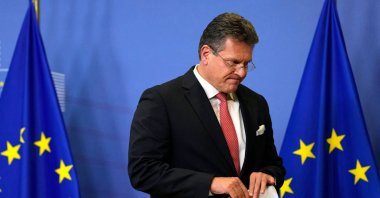 European Commissioner for Interinstitutional Relations and Foresight Maros Sefcovic leaves the podium after addressing media representatives during a press conference at EU headquarters, Brussels, Belgium, Nov. 5, 2021. (AFP Photo)