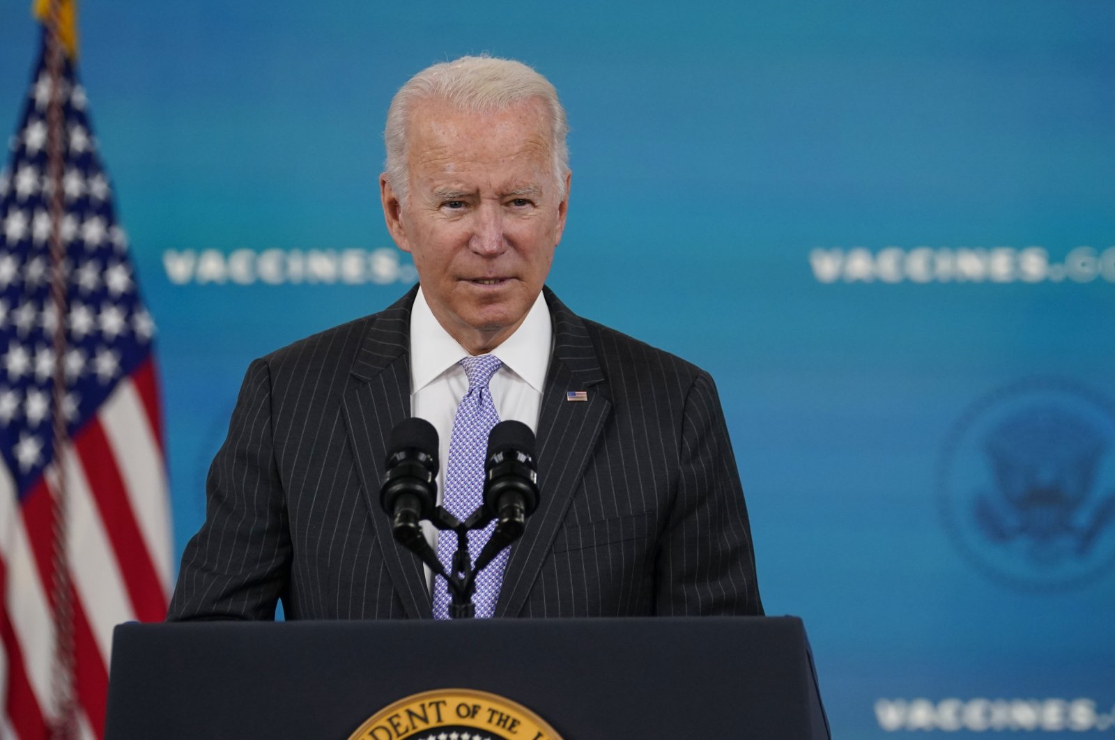 President Joe Biden talks about the newly approved COVID-19 vaccine for children ages 5-11 from the South Court Auditorium on the White House complex in Washington, U.S., Nov. 3, 2021. (AP Photo)