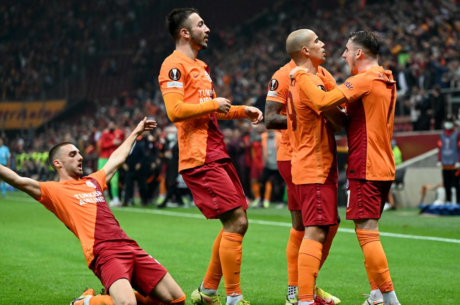 Galatasaray players celebrate a goal during the UEFA Europa League match against Lokomotiv Moscow at the Nef Stadium in Istanbul, Turkey, Nov. 4, 2021. (AFP Photo)