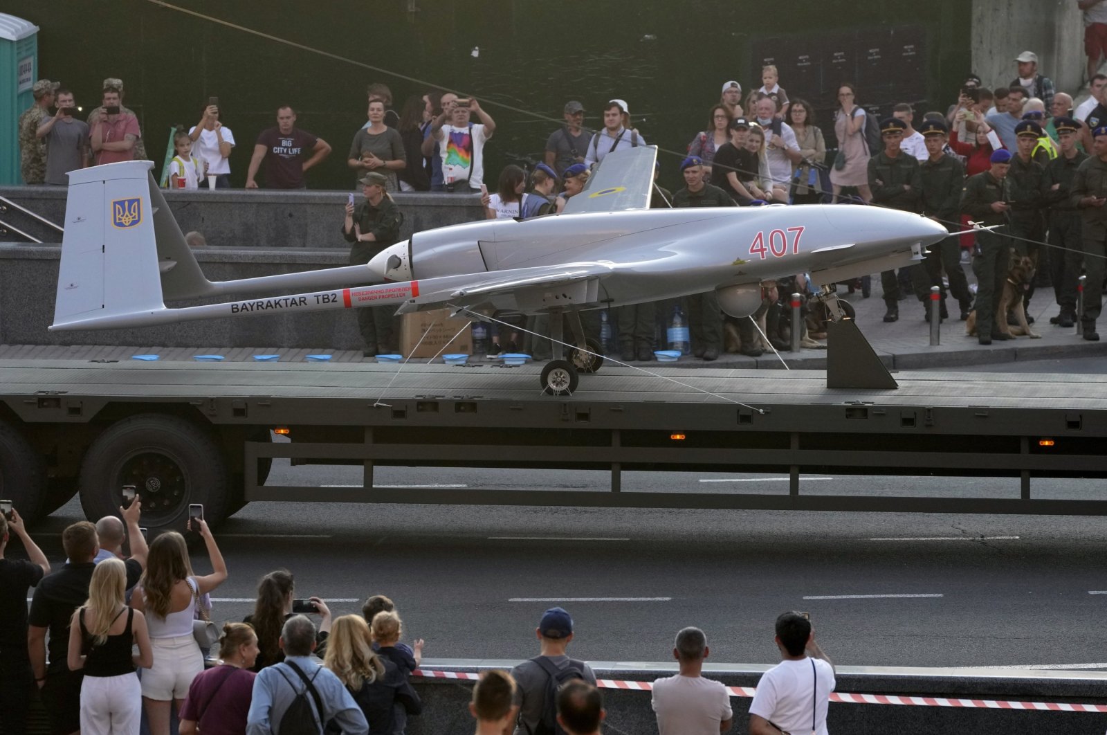 A Turkish-made Bayraktar TB2 drone is seen during a rehearsal of a military parade marking Independence Day in Kyiv, Ukraine, Aug. 20, 2021. (AP Photo)