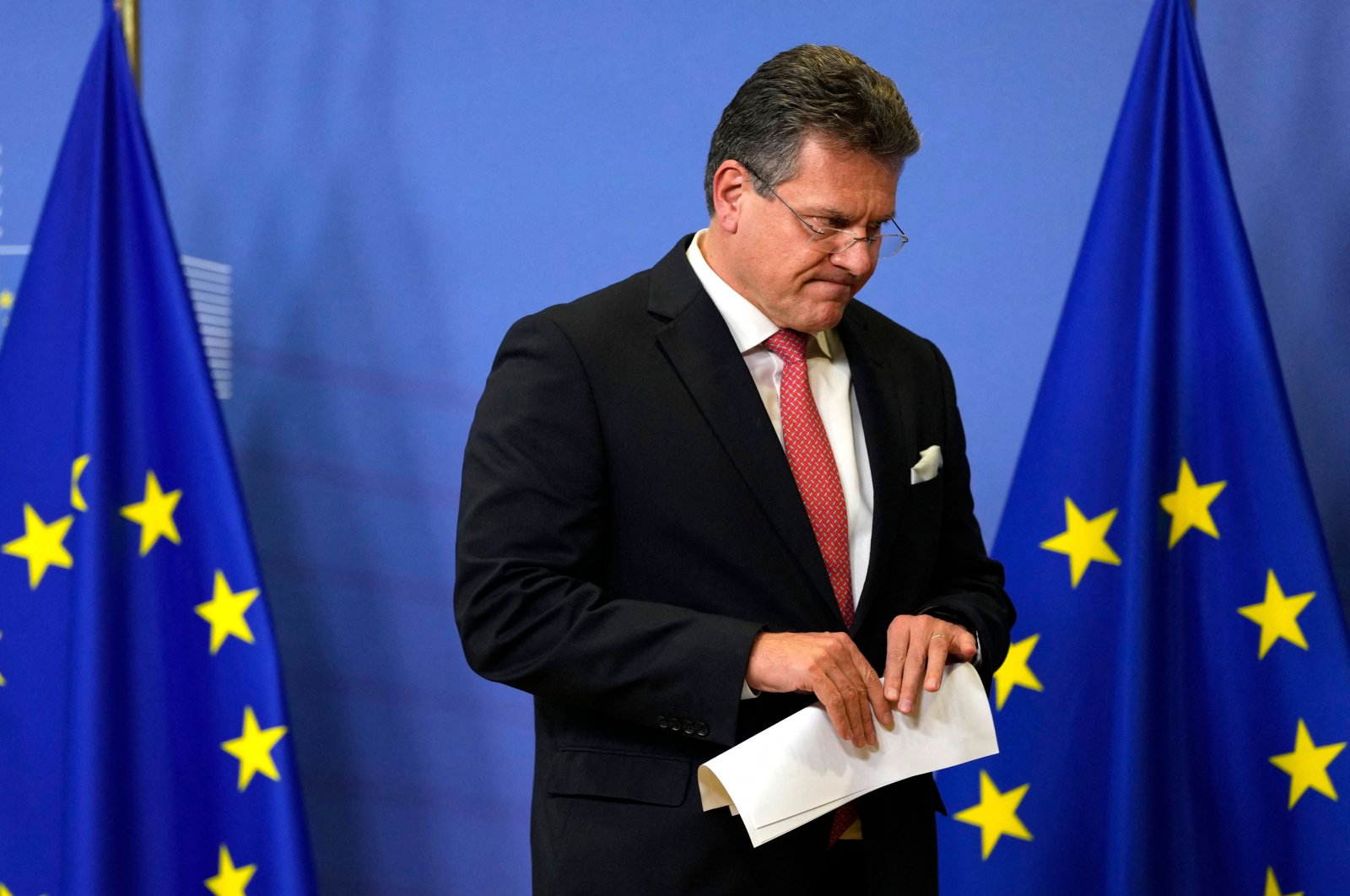 European Commissioner for Interinstitutional Relations and Foresight Maros Sefcovic leaves the podium after addressing media representatives during a press conference at EU headquarters, Brussels, Belgium, Nov. 5, 2021. (AFP Photo)