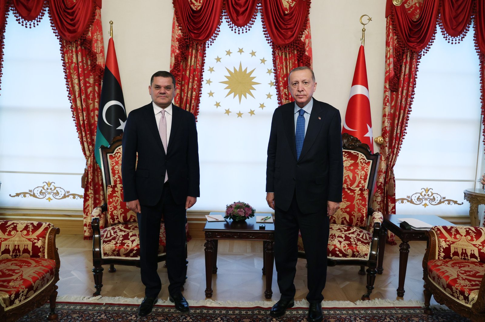 President Recep Tayyip Erdoğan (R) receives the Libyan Prime Minister Abdul Hamid Dbeibah in Istanbul, Turkey, Nov. 5, 2021. (AA Photo)
