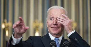 U.S. President Joe Biden speaks to the media about the passage of the $1.2 trillion bipartisan infrastructure bill in the State Dining Room of the White House in Washington, D.C., U.S., Nov. 6, 2021. (EPA Photo)