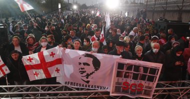 Participants of the "United National Movement" gather for a protest against the arrest of the former Georgian President Mikheil Saakashvili, in front of the prison in Rustavi, Georgia, Nov. 6, 2021. (EPA Photo)