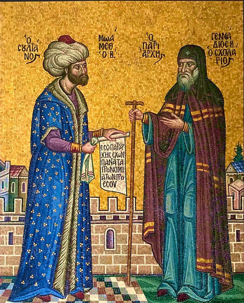 Sultan Mehmed II with patriarch Gennadius II depicted on an 18th-century mosaic. (Wikimedia)