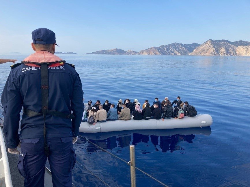 The Turkish Coast Guard Command rescues 36 irregular migrants off Muğla province's Bodrum, Oct. 14, 2021. (AA Photo)