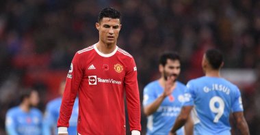 Manchester United's Portuguese striker Cristiano Ronaldo reacts during a Premier League match against Manchester City at Old Trafford in Manchester, England, Nov. 6, 2021. (AFP Photo)