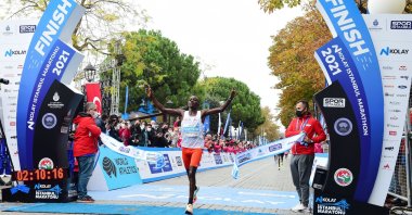 Uganda's Victor Kiplangat crosses the finish line to win the 43rd Istanbul Marathon men's race, Istanbul, Turkey, Nov. 7, 2021. (IHA Photo)