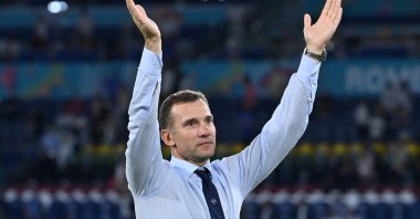 Then-Ukraine coach Andriy Shevchenko applauds after the Euro 2020 quarterfinal against England at Stadio Olimpico, Rome, Italy, July 3, 2021. (Reuters Photo)