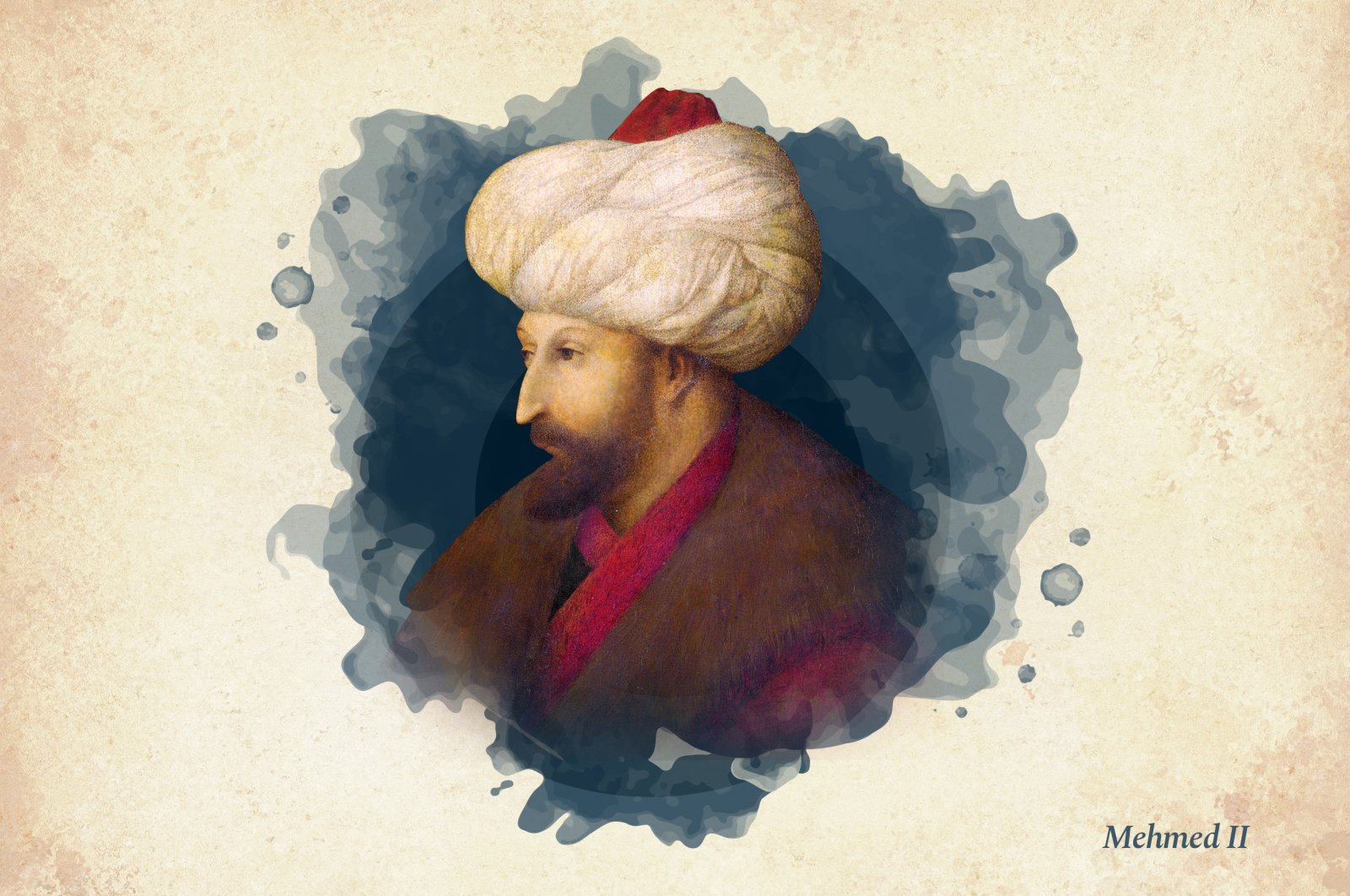 This widely used illustration painted by Italian painter Gentile Bellini in the late 15th century shows Sultan Mehmed II, the seventh ruler of the Ottoman Empire. (Wikimedia / edited by Büşra Öztürk – Daily Sabah)