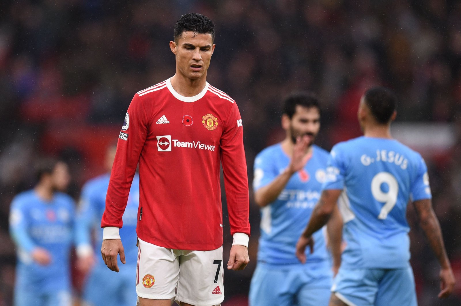 Manchester United's Portuguese striker Cristiano Ronaldo reacts during a Premier League match against Manchester City at Old Trafford in Manchester, England, Nov. 6, 2021. (AFP Photo)