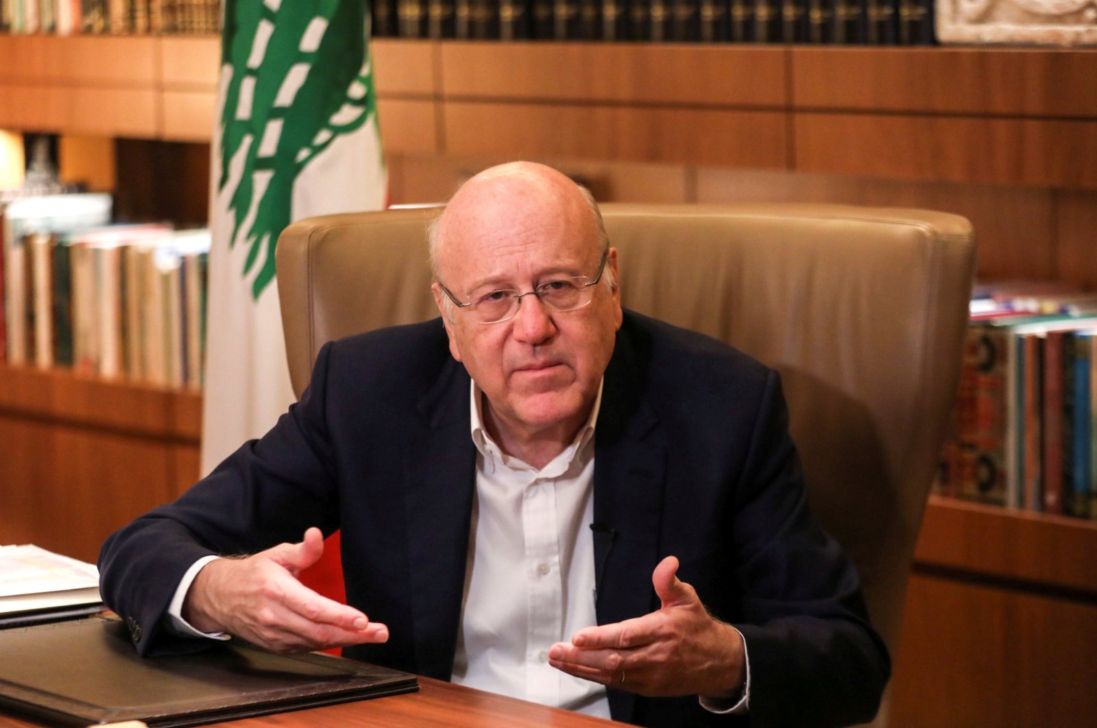 Lebanese Prime Minister Najib Mikati speaks during an interview at the government palace in Beirut, Lebanon, Oct. 14, 2021. (Reuters Photo)