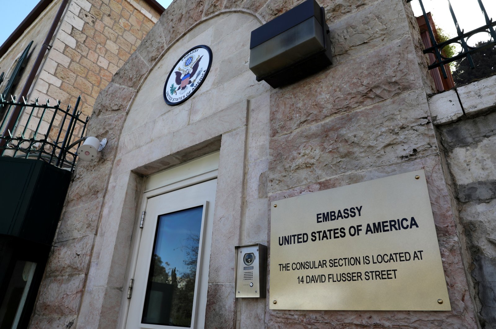 Plaques bearing the words "Embassy United States of America" are seen on a wall at the premises of the former U.S. Consulate in East Jerusalem, occupied Palestine, March 12, 2019. (Reuters Photo)