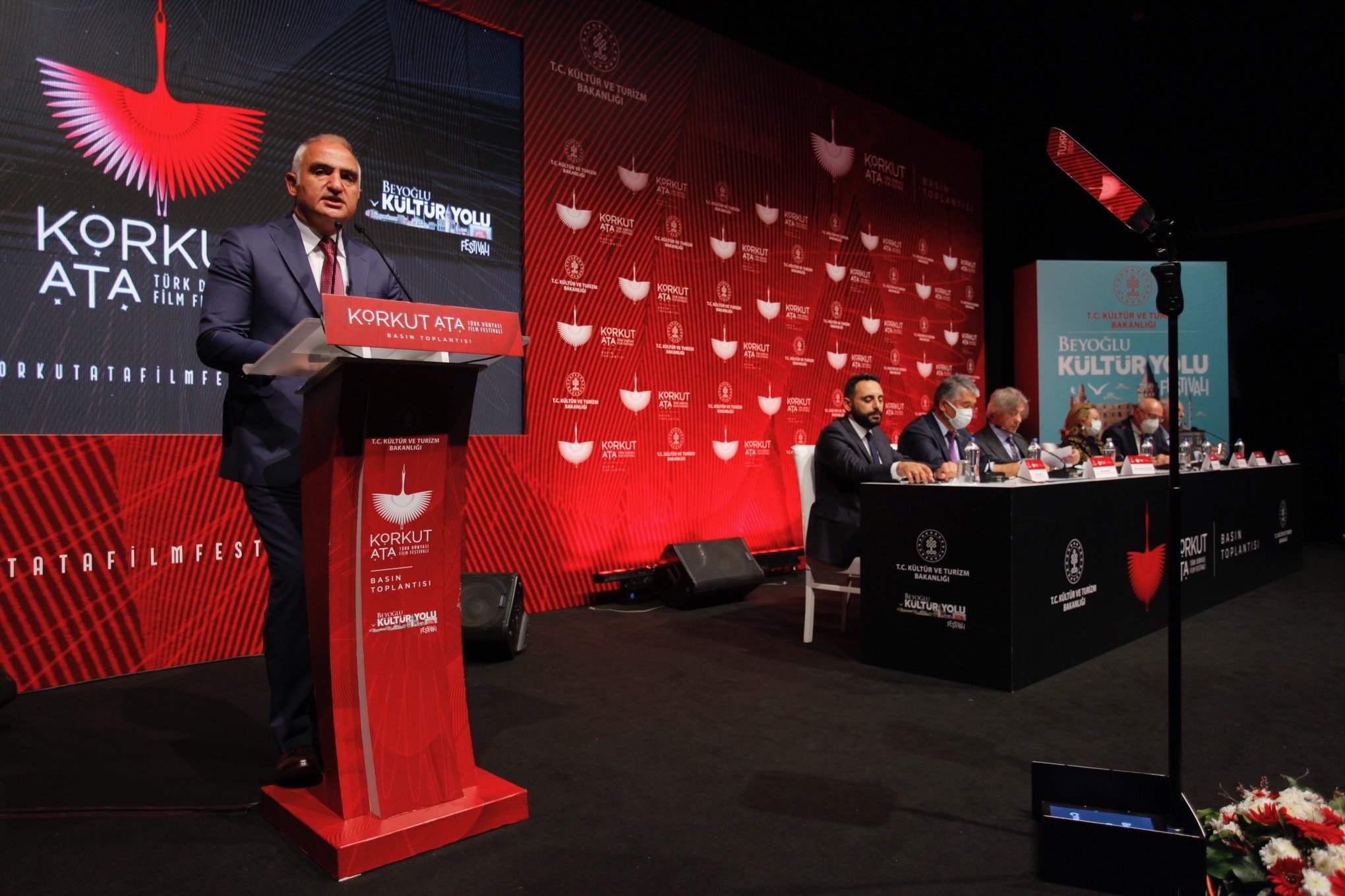 Minister of Culture and Tourism Mehmet Nuri Ersoy speaks at the meeting of the festival at Atlas Cinema, Istanbul, Turkey, Nov. 3, 2021. 